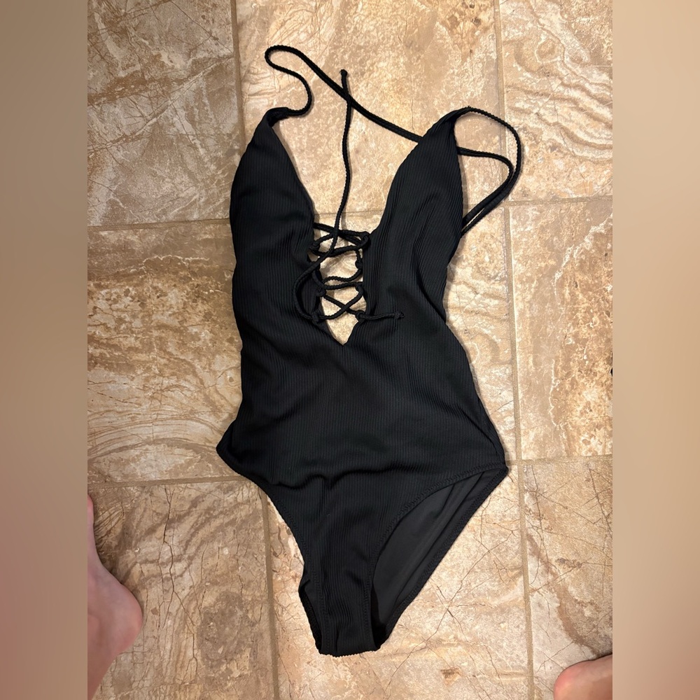 Black Womens ONE PIECE Swimsuit with Cute Vneck Cut with Strings